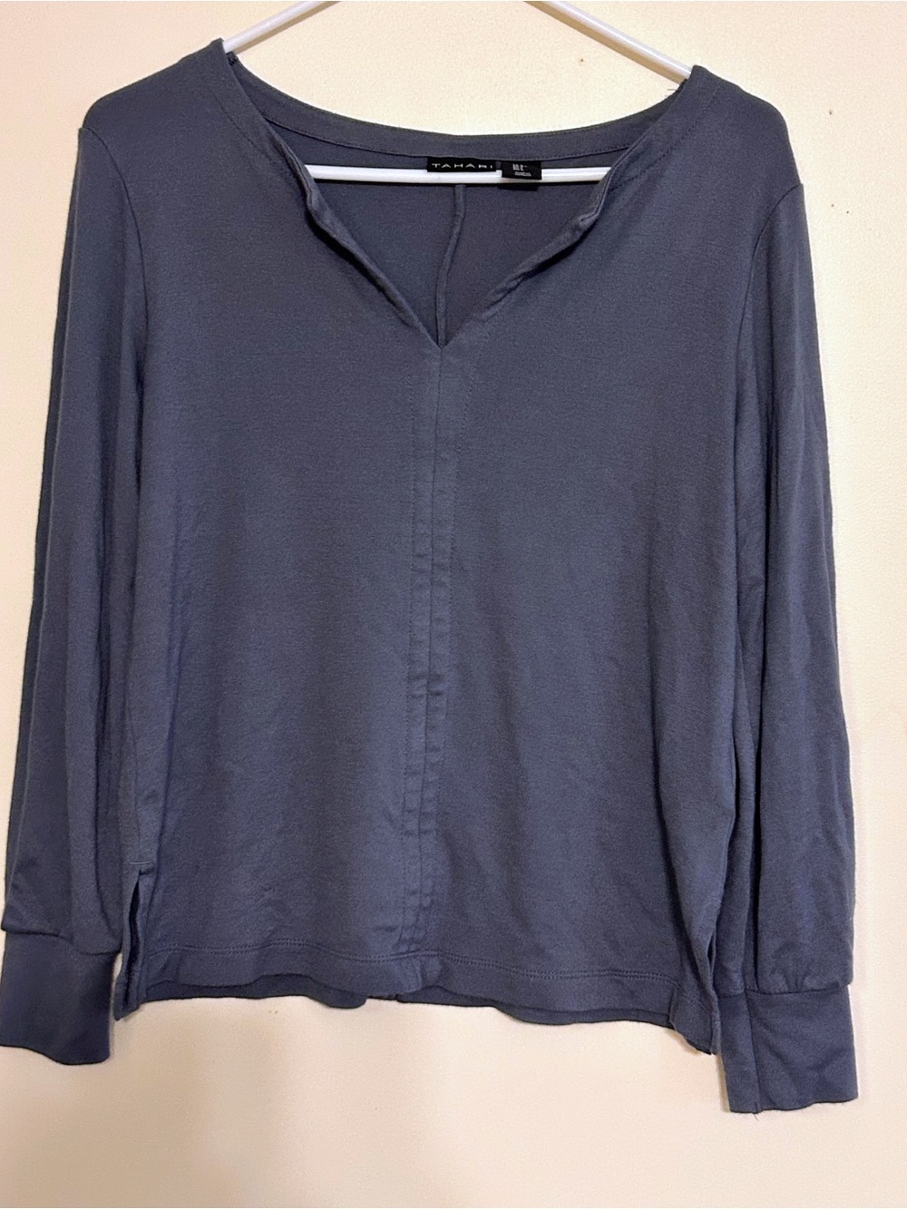 Tahari Slate Blue Long-Sleeve Split Neck Top Size Small